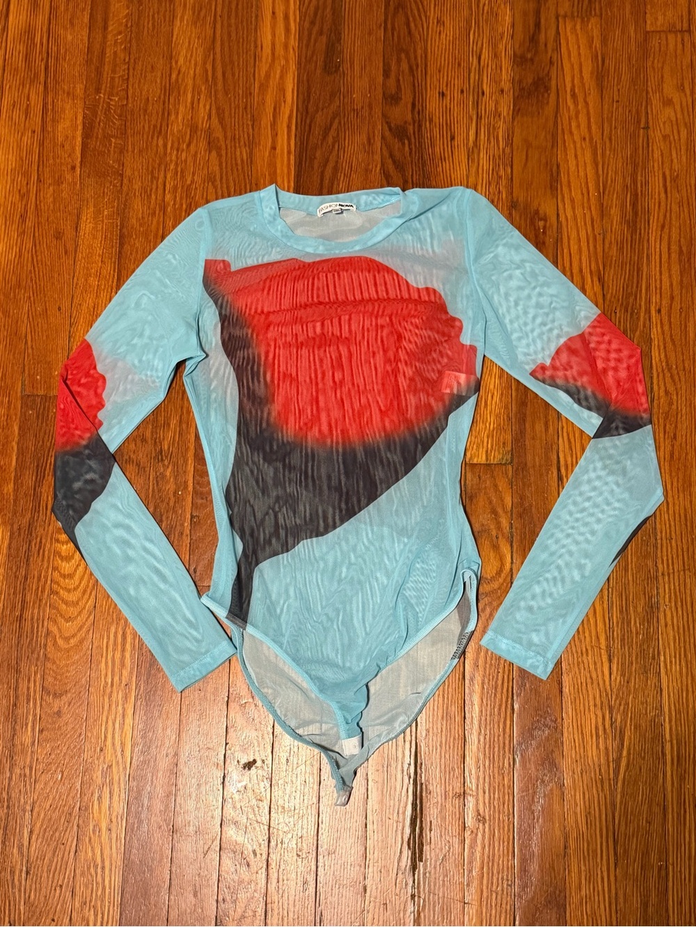 Mesh Bodysuit in Light Blue with Red Floral Print